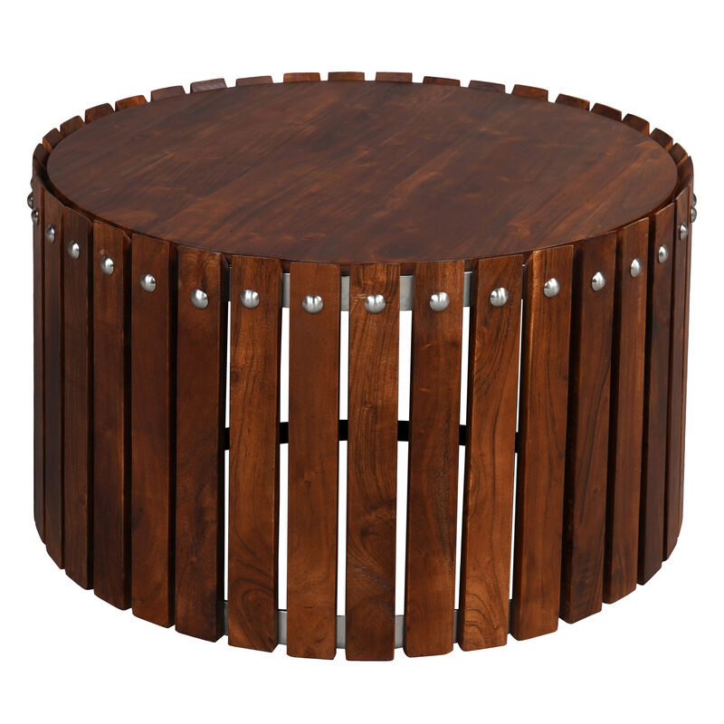 Myla 31 Inch Handcrafted Round Coffee Table with Vertical Planks, Iron Rivets, Dark Walnut Brown Acacia Wood