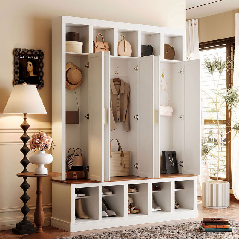 Merax All-in-One Hallway Organizer with 3 Closed Lockers, Inner Hooks & Hanging Rods Hall Tree image number 2