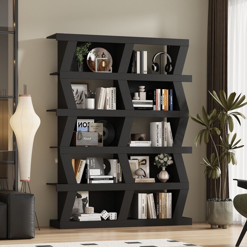 FUFU&GAGA Modern 5-Tier Zigzag Bookcase with Open Shelves (63.8&rdquo; H x 51.2&rdquo; W x 12.2&rdquo; D),Black