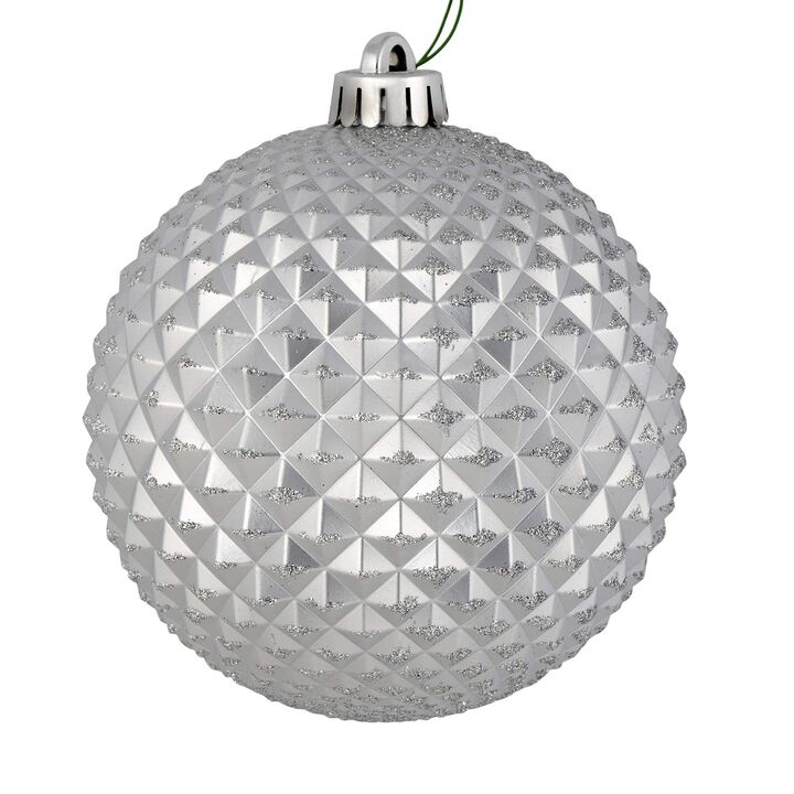 Vickerman 4" Silver Durian Glitter Ball Christmas Ornament - 6 per Pack - Silver Durian Ball with Glitter Accent - Shatterproof Plastic - Holiday Christmas Tree Decoration - Reliable and Durable