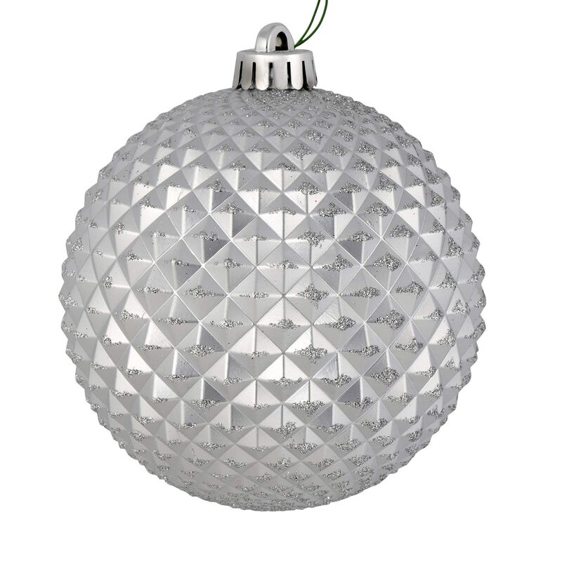 Vickerman 4" Silver Durian Glitter Ball Christmas Ornament - 6 per Pack - Silver Durian Ball with Glitter Accent - Shatterproof Plastic - Holiday Christmas Tree Decoration - Reliable and Durable image number 0