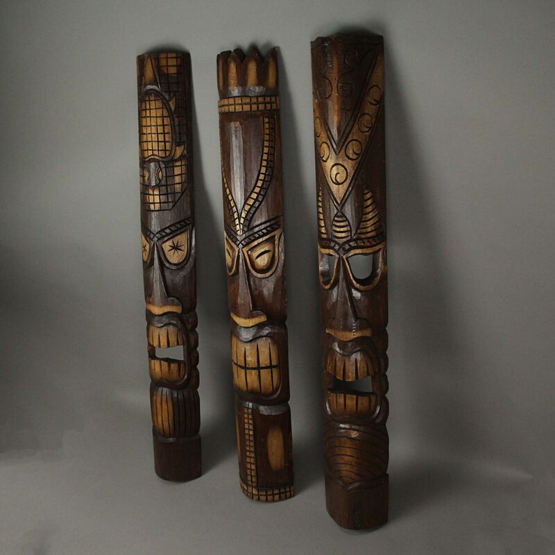 40 Inch Hand Carved Tiki Mask Wall Decor Tropical Beach Home Hanging Art Set / 3 image number 1