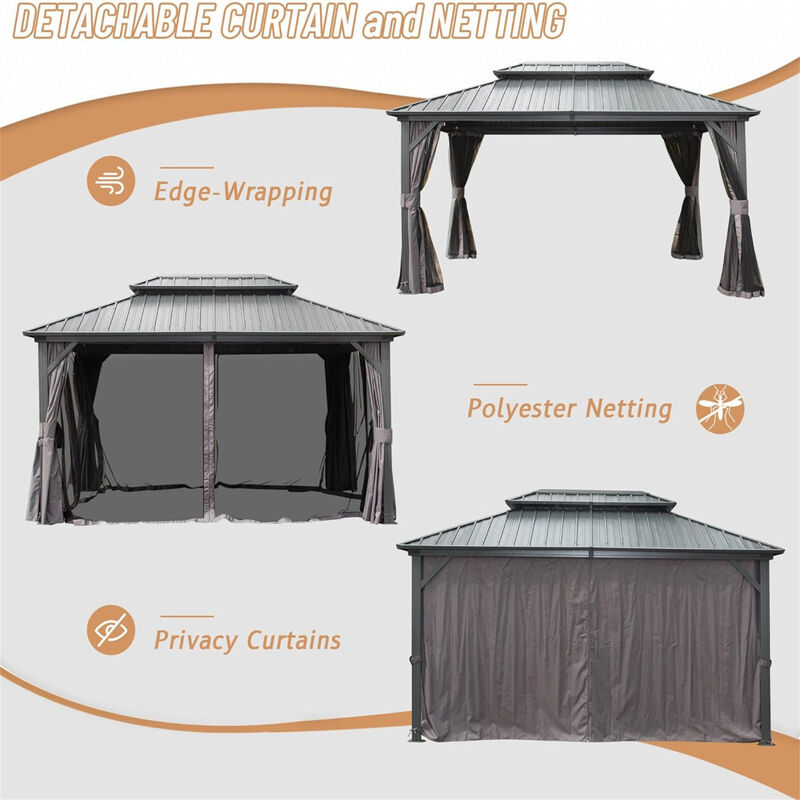 12' X 16' Hardtop Gazebo, Aluminum Metal Gazebo with Galvanized Steel Double Roof Canopy, Curtain and Netting, Permanent Gazebo Pavilion for Patio, Backyard, Deck, Lawn