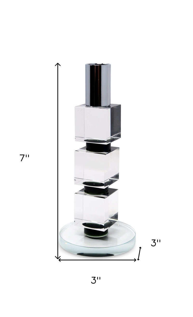 HomeRoots 7" Silver Clear And Black Block And Cylinder Crystal Tabletop Taper Candlestick