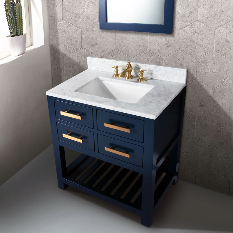 Madalyn 30 In. Single Sink Carrara White Marble Countertop Bath Vanity in Monarch Blue