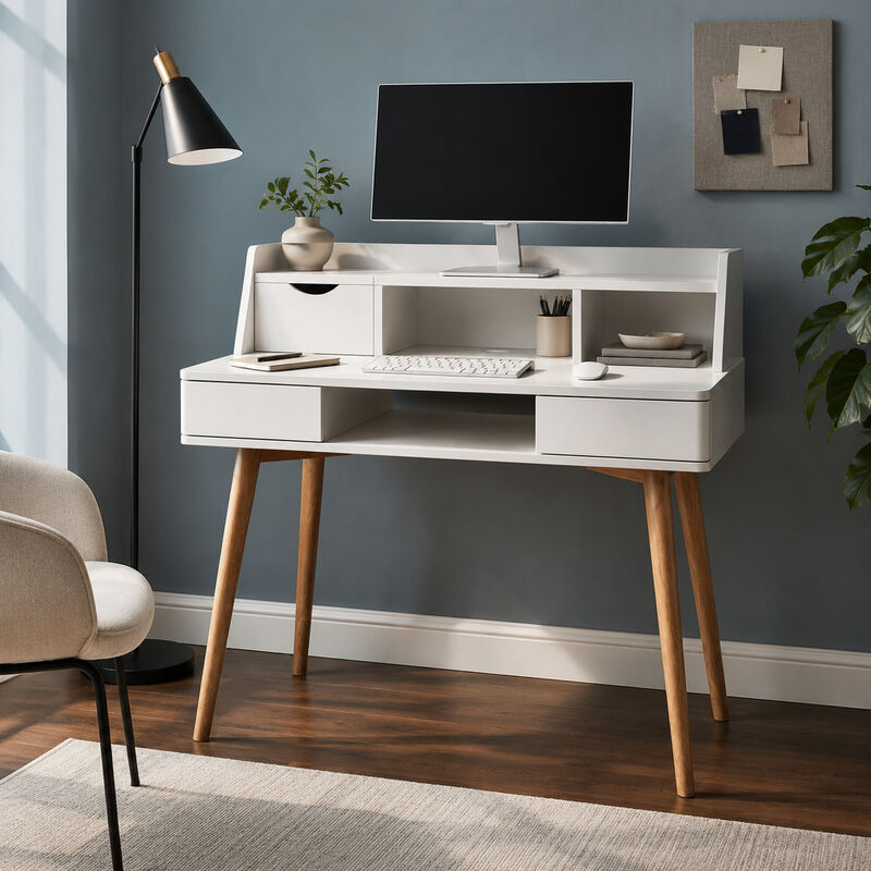 Teamson Writing Desk with Hutch, Drawers, Flip Drawer, Cubbies, Cable Opening, White MDF & Natural Wood Legs, Compact Office Desk for Home, Creativo Collection image number 4