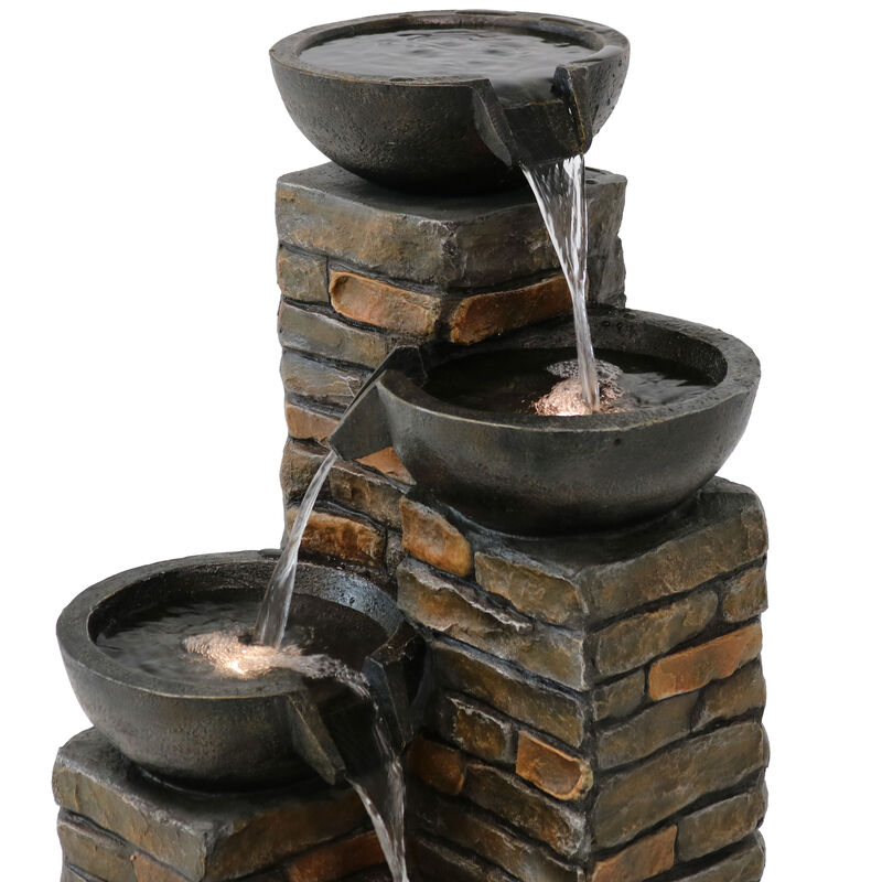 Sunnydaze Staggered Bowls Tiered Water Fountain with LED Lights - 34 in