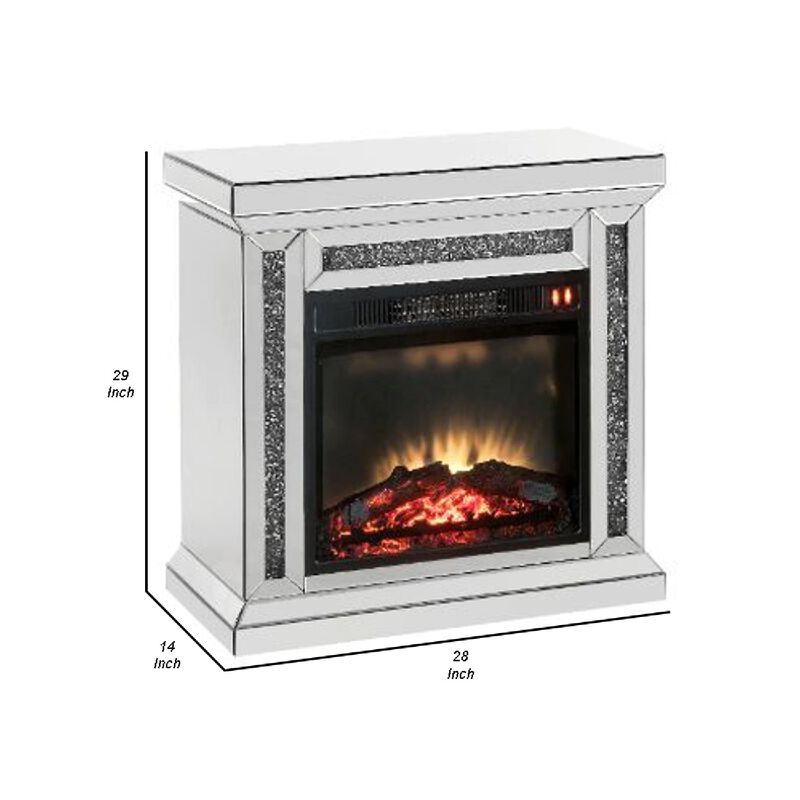 LED Electric Fireplace with Faux Diamond Inlays, Silver - Benzara