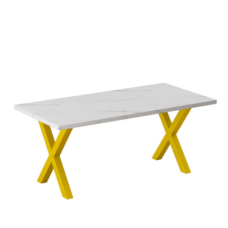 70.87" Modern Square Dining Table with Printed White Marble Tabletop+Gold X-Shaped Table Leg