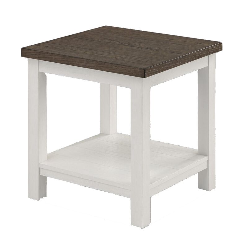 Mon 24 Inch Square End Table, Open Bottom Shelf, Brown Top, White Frame