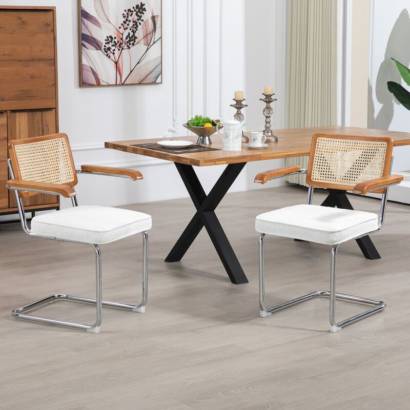 Glamour Home Set of 2 White Boucle Fabric Dining Chair Rattan Backrest and Chrome Legs