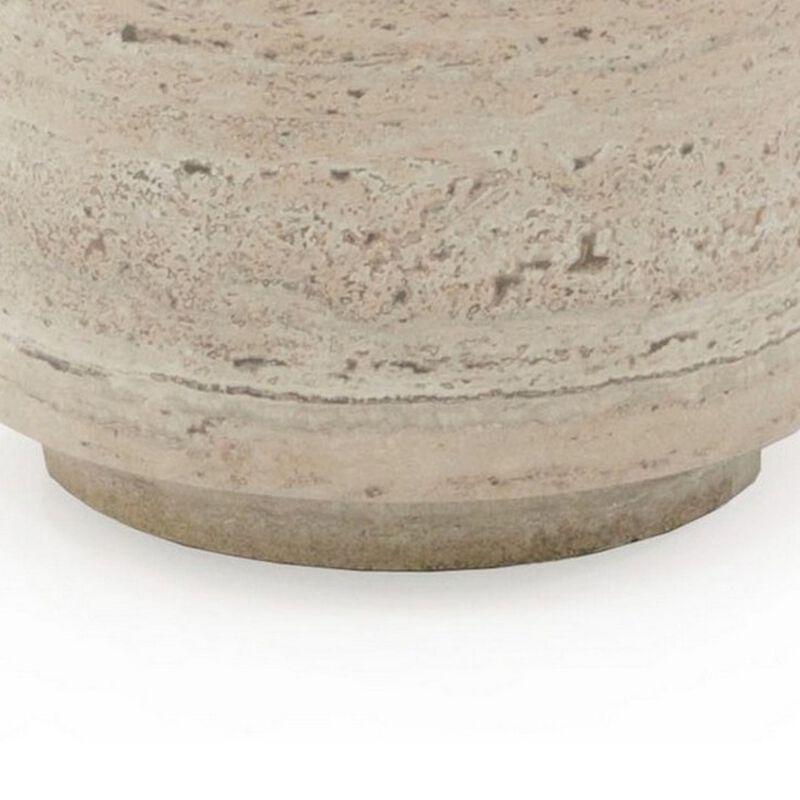 Lia 18 Inch End Table, Round Travertine Stone Finish Laminated Top