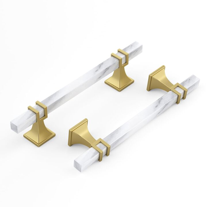Lepatape 10 Pack 5 Inch White Marble Cabinet Pulls, Gold Cabinet Handles Marble Grain and Gold Pulls, Kitchen Cabinet Handles Sq