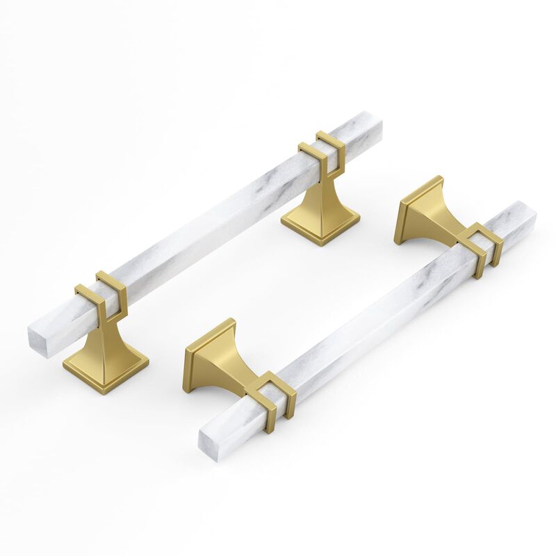 Lepatape 10 Pack 5 Inch White Marble Cabinet Pulls, Gold Cabinet Handles Marble Grain and Gold Pulls, Kitchen Cabinet Handles Sq