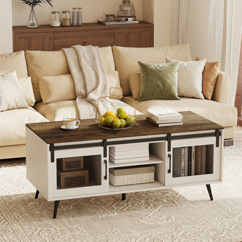 Farmhouse Coffee Table with Sliding Doors Rectangular with Adjustable Shelf-Rustic Brown image number 5