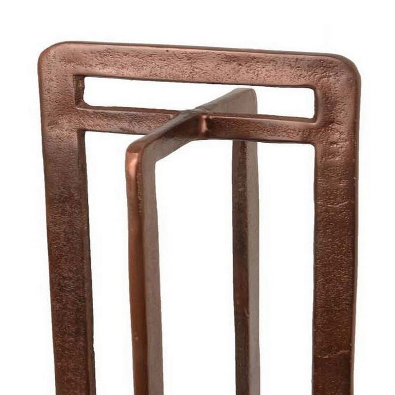 Eya 21 Inch Modern Tabletop Candle Lantern with Round Plate, Copper Metal  - Benzara