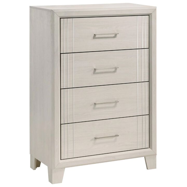 Charie Tall Dresser Chest with 4 Drawers, Tapered Feet, White Wood