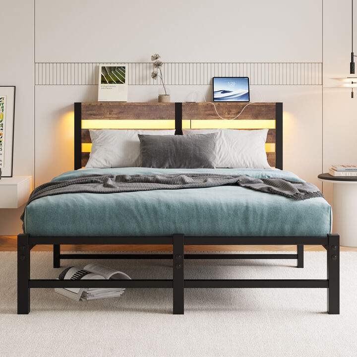 Platform Bed Frame with LED Lights & USB Charging Station, Rustic Wood Headboard, No Box Spring Needed