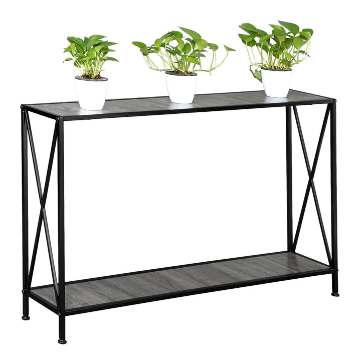 2-Layer Console Table &ndash; Artisasset MDF Top, Black Wrought Iron Base for Entryway or Living Room