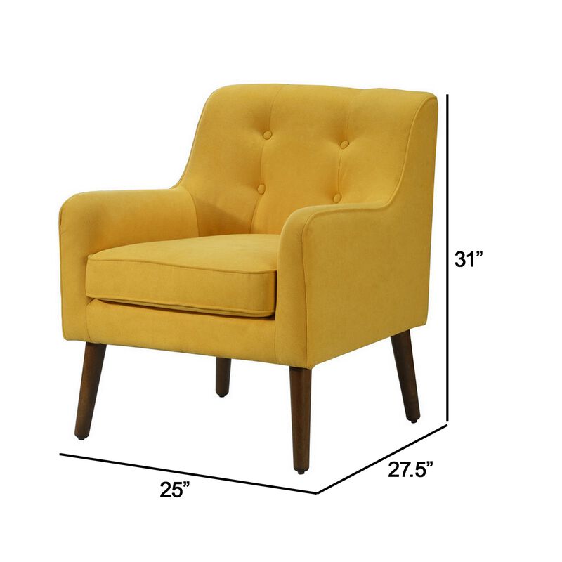 Kina 28 Inch Accent Chair, Yellow Fabric, Button Tufted, Angled Wood Legs-Benzara
