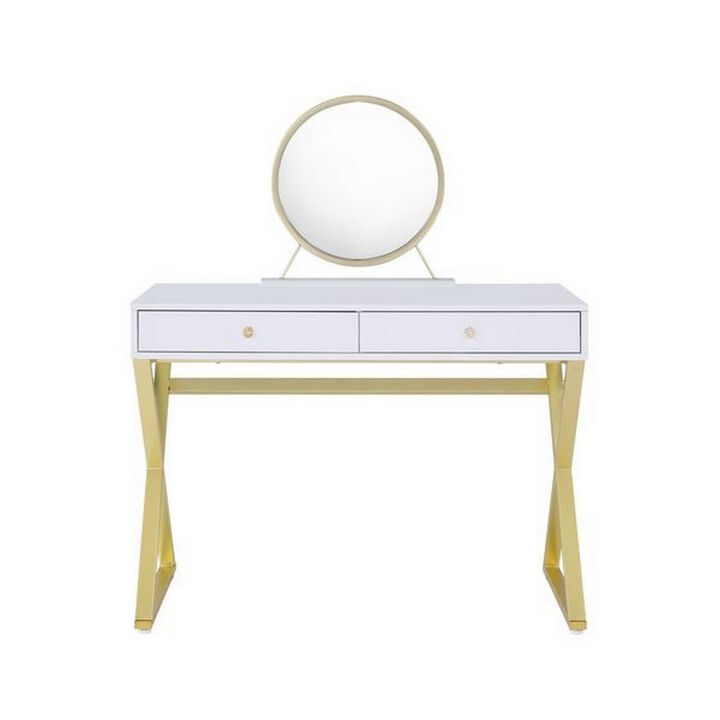 Vanity Desk with Removable Mirror and Cross Metal Legs, White and Gold-Benzara