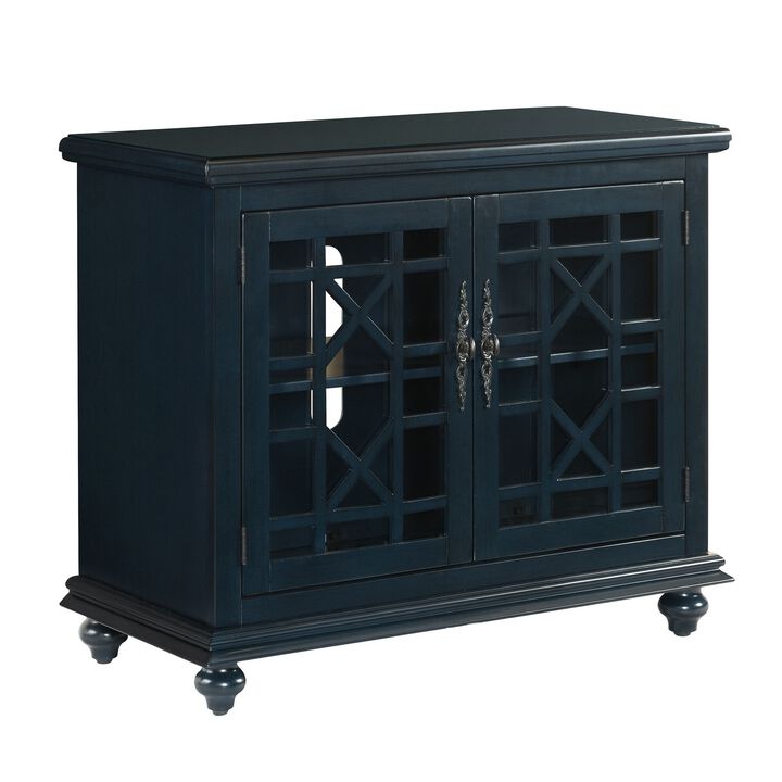 Transitional Wood and Glass TV Stand with Trellis Cabinet Front, Dark Blue-Benzara