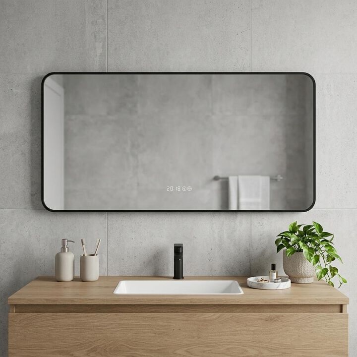 HomeRoots 24" Black Aluminum Lighted Framed Anti Fog Bathroom Vanity Mirror