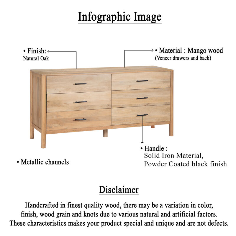 Geti 6 Drawers, 66 Inch Wide Dresser, Handcrafted Natural Oak White Mango Wood, Black Handles