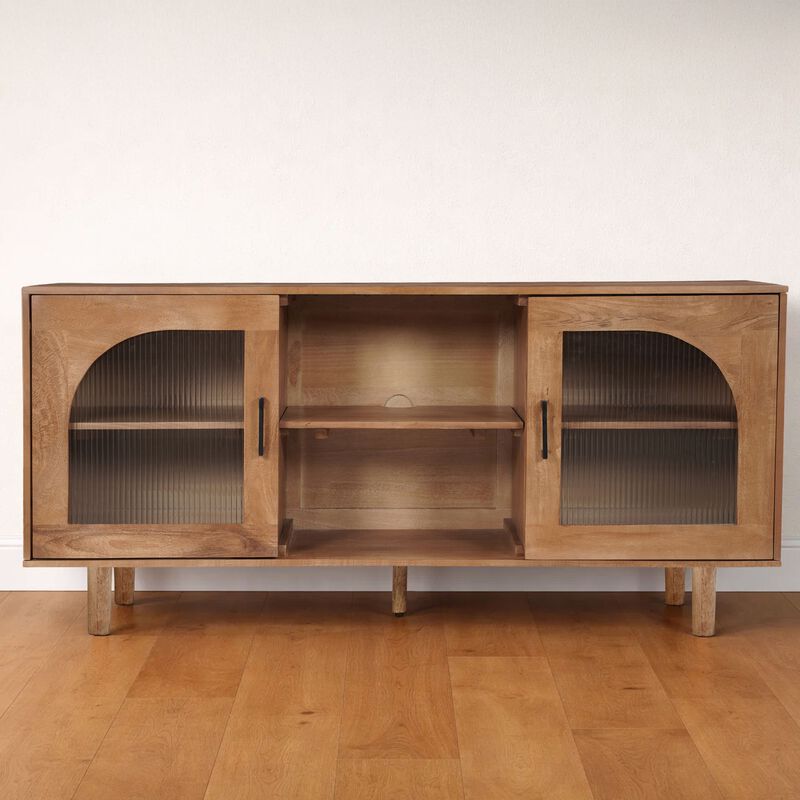 64 Inch TV Stand Console, 2 Arch Glass Door Cabinets & Shelves, Walnut Brown Mango Wood