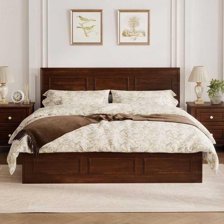 Pine Wood Farmhouse Platform Bed with Adjustable-Height Headboard