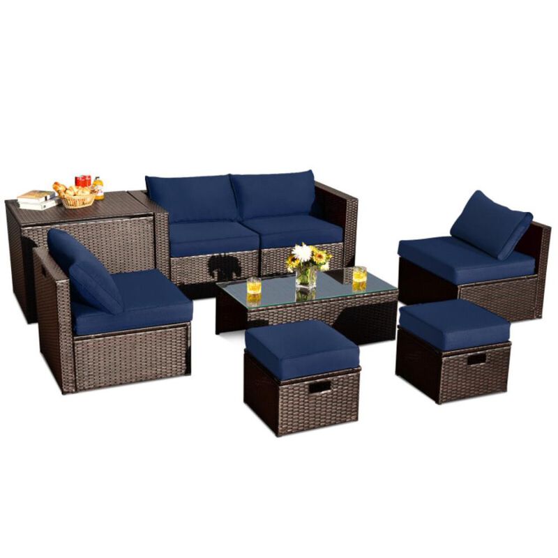 Hivvago 8 Pieces Patio Space-Saving Rattan Furniture Set with Storage Box and Waterproof Cover