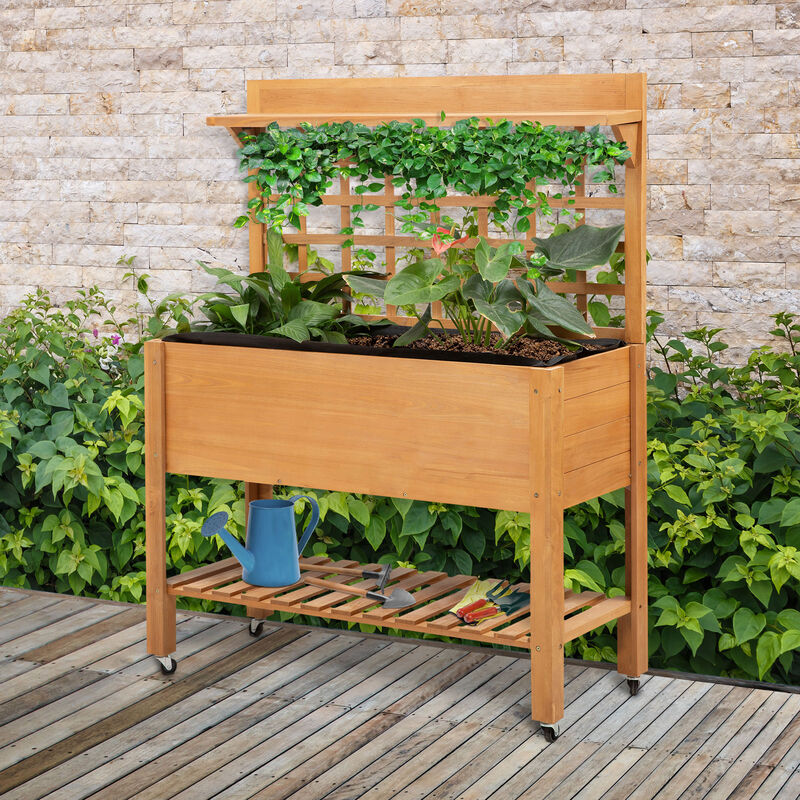 Outdoor Wooden Elevated Growing Plant Bed w/ Shelves for Tool Storage & Wheels