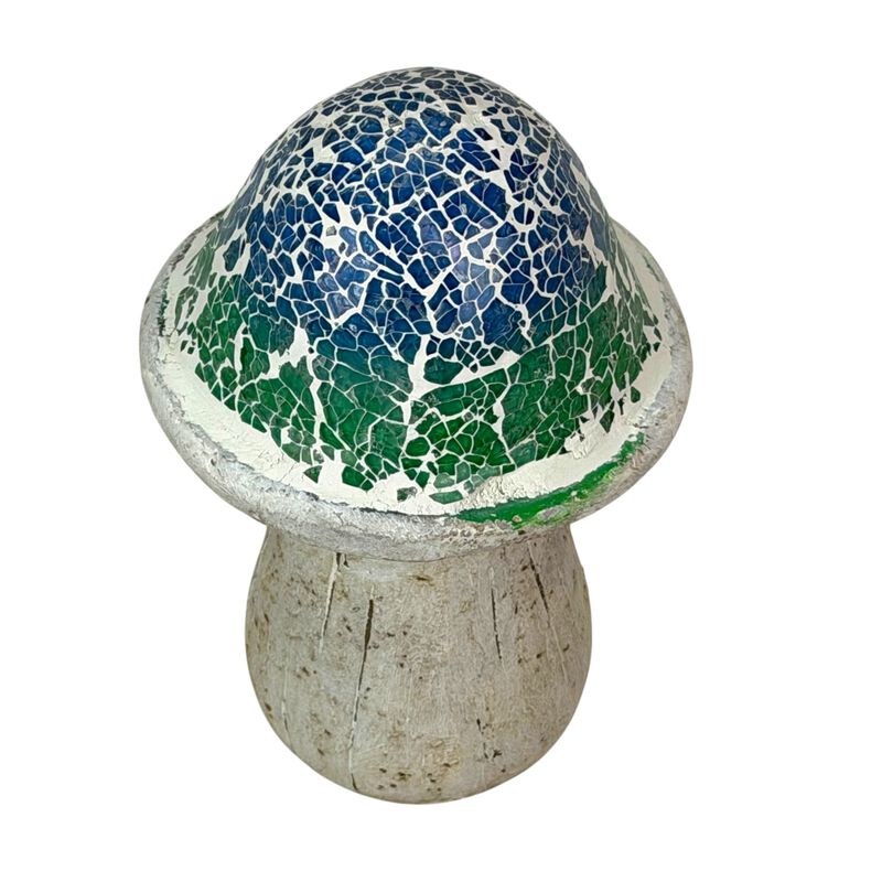 Mosaic Cement Mushroom Statue Blue Green White Garden Figurine 8 In image number 2