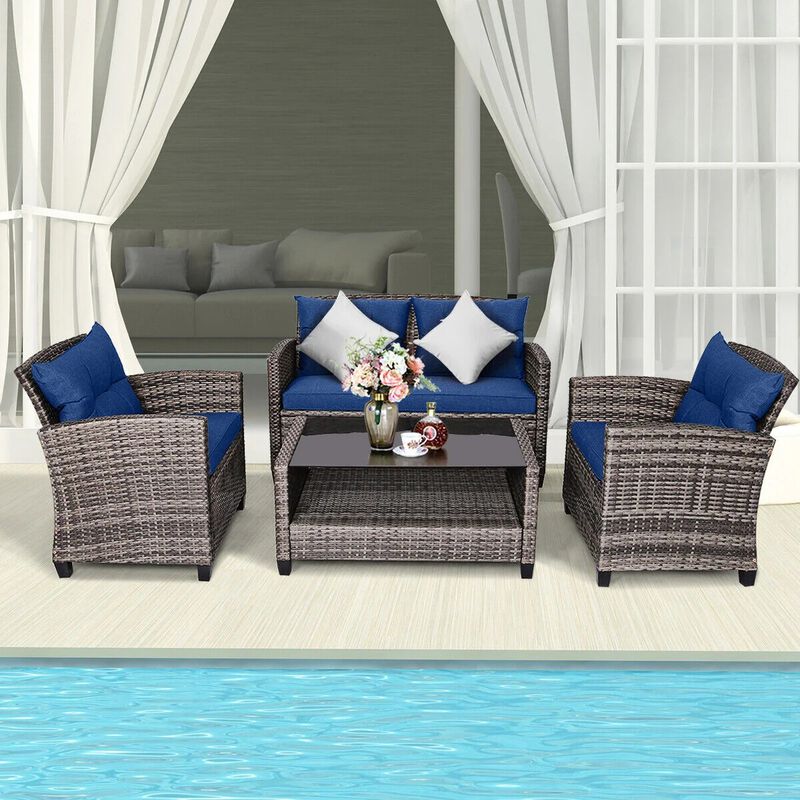 Mondawe 4 Pieces Patio Rattan Furniture Set with Coffee Table and Cushioned Sofa