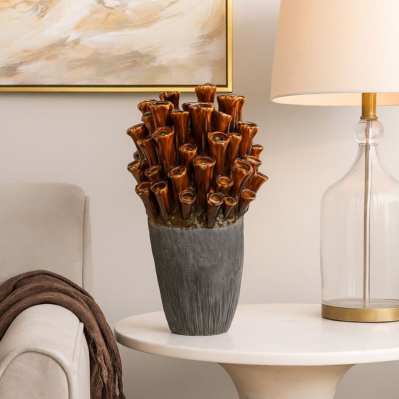 Cior Decorative Vase, Coral Shape, 18 Inch Gray and Brown Ceramic