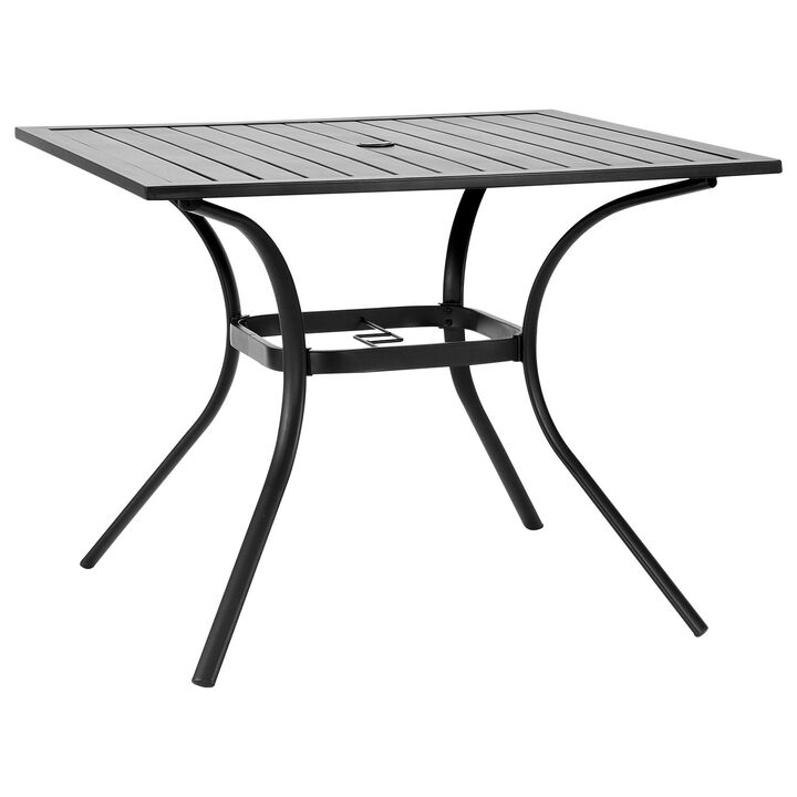 Outdoor Square Dining Table, Steel Slat Patio Table with Umbrella Hole - Black