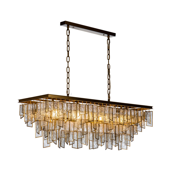 4-Light Vintage Antique Gold Rectangular Tiered Chandelier for Dining Room with Water Ripple Glass Shade