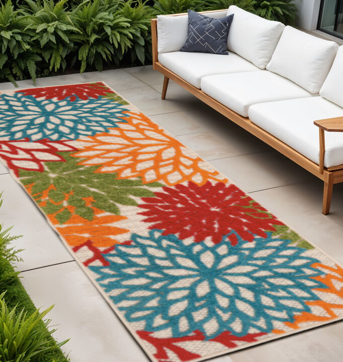 HomeRoots 12' Ivory Green Blue Red And Orange Floral Indoor Outdoor Runner Rug