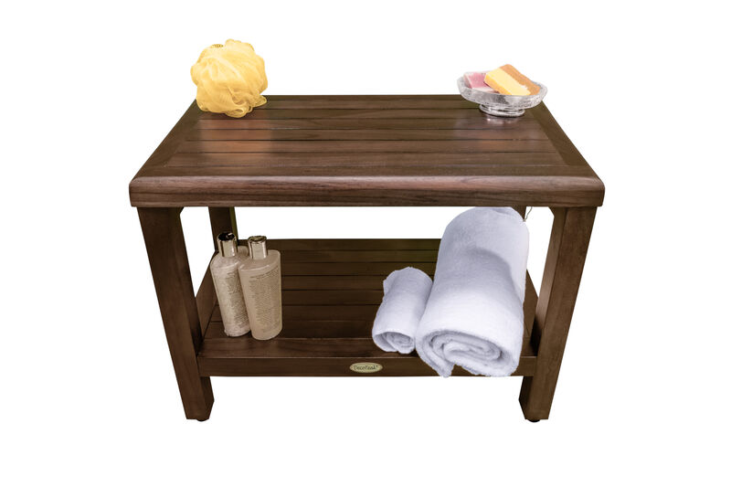 DecoTeak Eleganto 24" Teak Wood Shower Bench with Shelf in Woodland Brown Finish