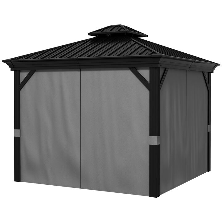 Outsunny 10' x 10' Hardtop Gazebo with Curtains and Netting, Permanent Pavilion Metal Roof Gazebo Canopy with Aluminum Frame and Hooks, for Garden, Patio, Backyard, Light Gray