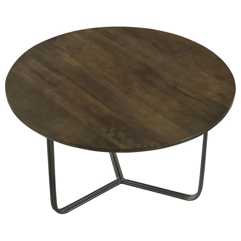 30 Inch Wood Round Accent Coffee Table with Triangular Base, Brown, Black - Benzara