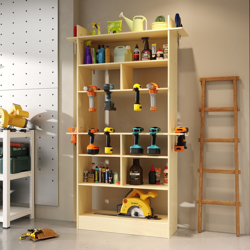 FUFU&GAGA Solid Wood Multi-functional Storage Cabinet with 9 Compartments & Tool Hooks, Space-Saving Design for Small Spaces, Natural Wood Finish (30.7 in.  W x 11 in.  D x 67.7 in.  H)