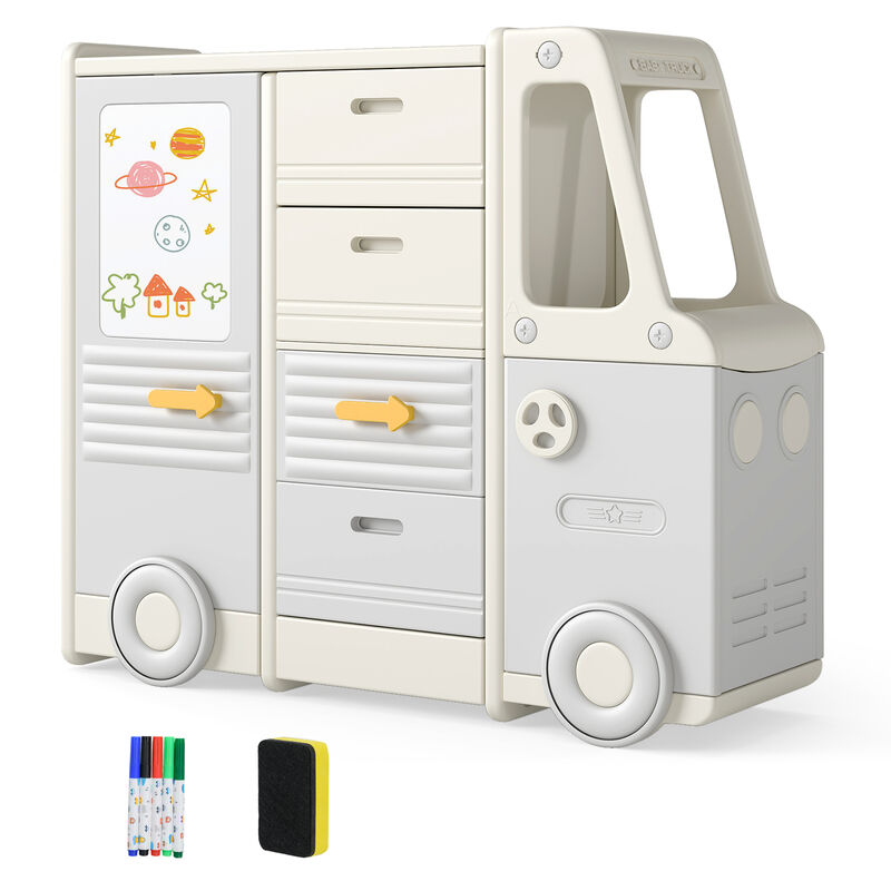 Bus Shaped Kids Toy Storage Cabinet with 4 Pull Out Drawers and Handles image number 4