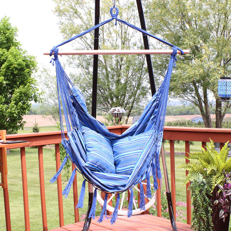 Sunnydaze Polyester Hammock Chair with Cushions and Fringe - Blue Stripes image number 2