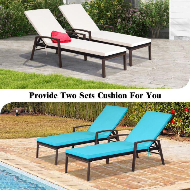 Hivvago 2 Pieces Patio Rattan Reclining Chaise Lounge Chair with Cushion and Armrest