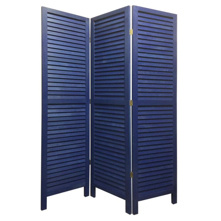 3 Panel Foldable Wooden Shutter Screen with Straight Legs, Blue-Benzara