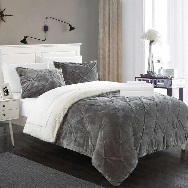Chic Home Roald 7 Pieces Comforter Ultra Plush Micro Mink Pinch Pleated Ruffled Pintuck Sherpa Lined Bedding Set - Queen 86x92, Grey