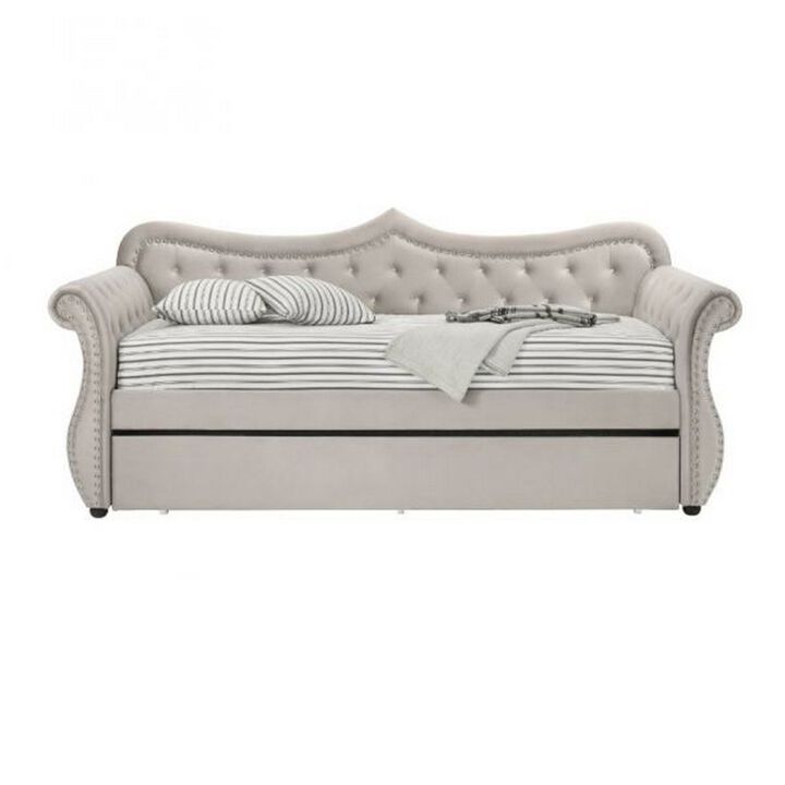 Classic Wood Daybed with Trundle, Button Tufted with Nailhead Trim, Beige - Benzara