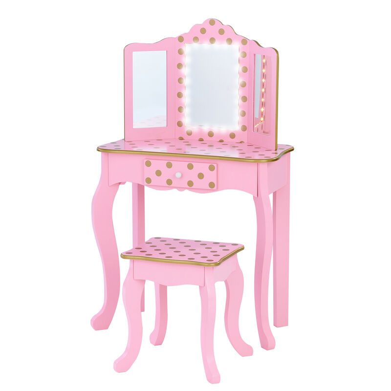 Fantasy Fields Gisele Polka Dot Vanity Set with LED Lighted Mirror and Chair, Pink/ Gold image number 1