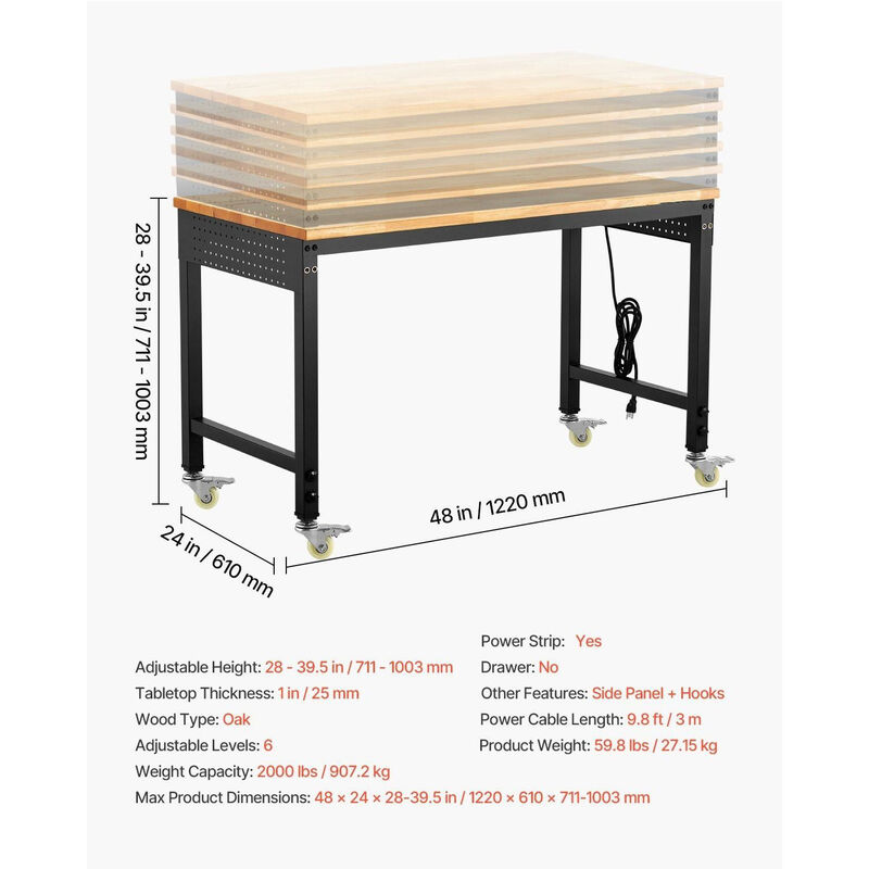 Adjustable Workbench with Power Outlet, Pegboard and Wheels Heavy Duty Wood Top image number 2